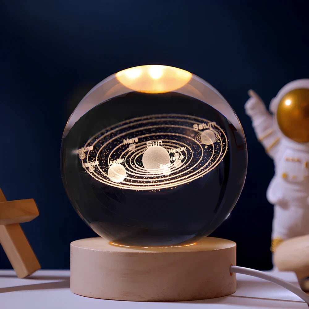 3D Engraved Crystal Ball Night Light - Wooden Base LED Lamp