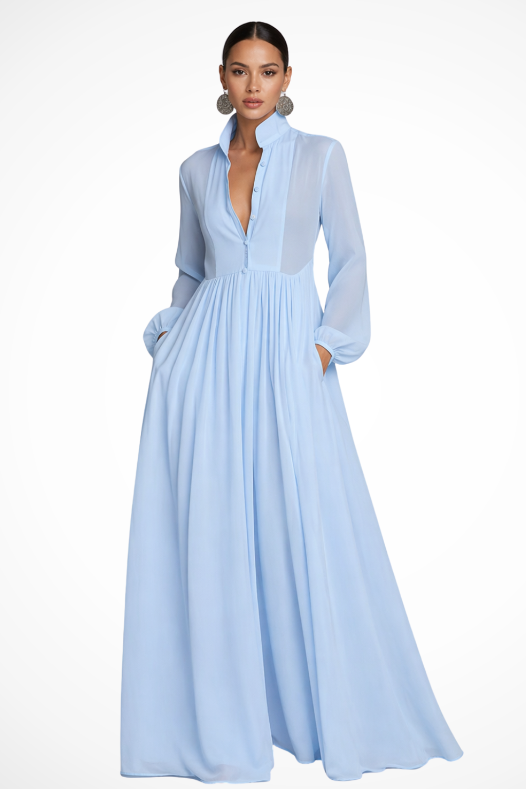 Women's Long Sleeve Button-Front Maxi Dress with Pockets