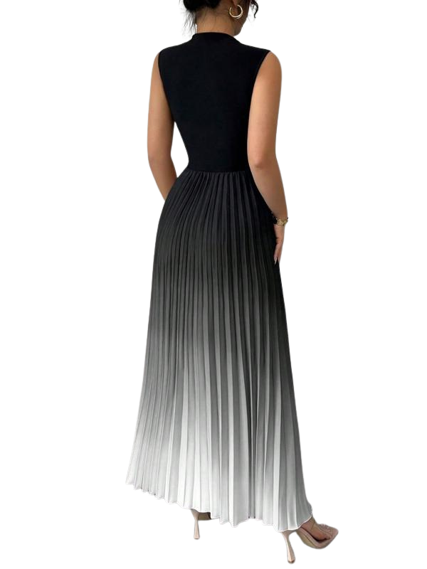 Women's Pleated Maxi Dress with Mock Neck, Sleeveless A-Line