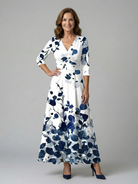 Women's Floral Wrap Midi Dress with Three Quarter Sleeves