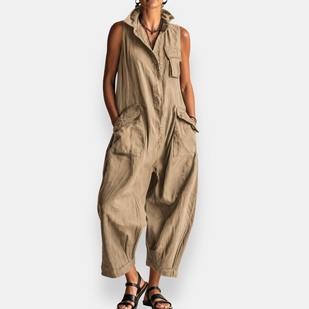 Women's Sleeveless Cargo Jumpsuit with Structured Collar