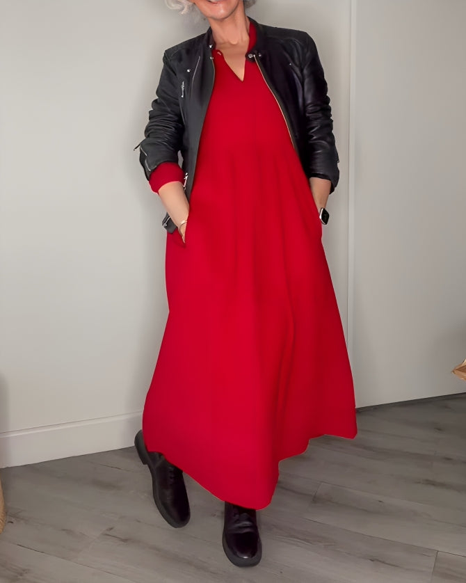 Women's Long V-Neck Maxi Dress with Long Sleeves