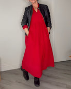 Women's Long V-Neck Maxi Dress with Long Sleeves