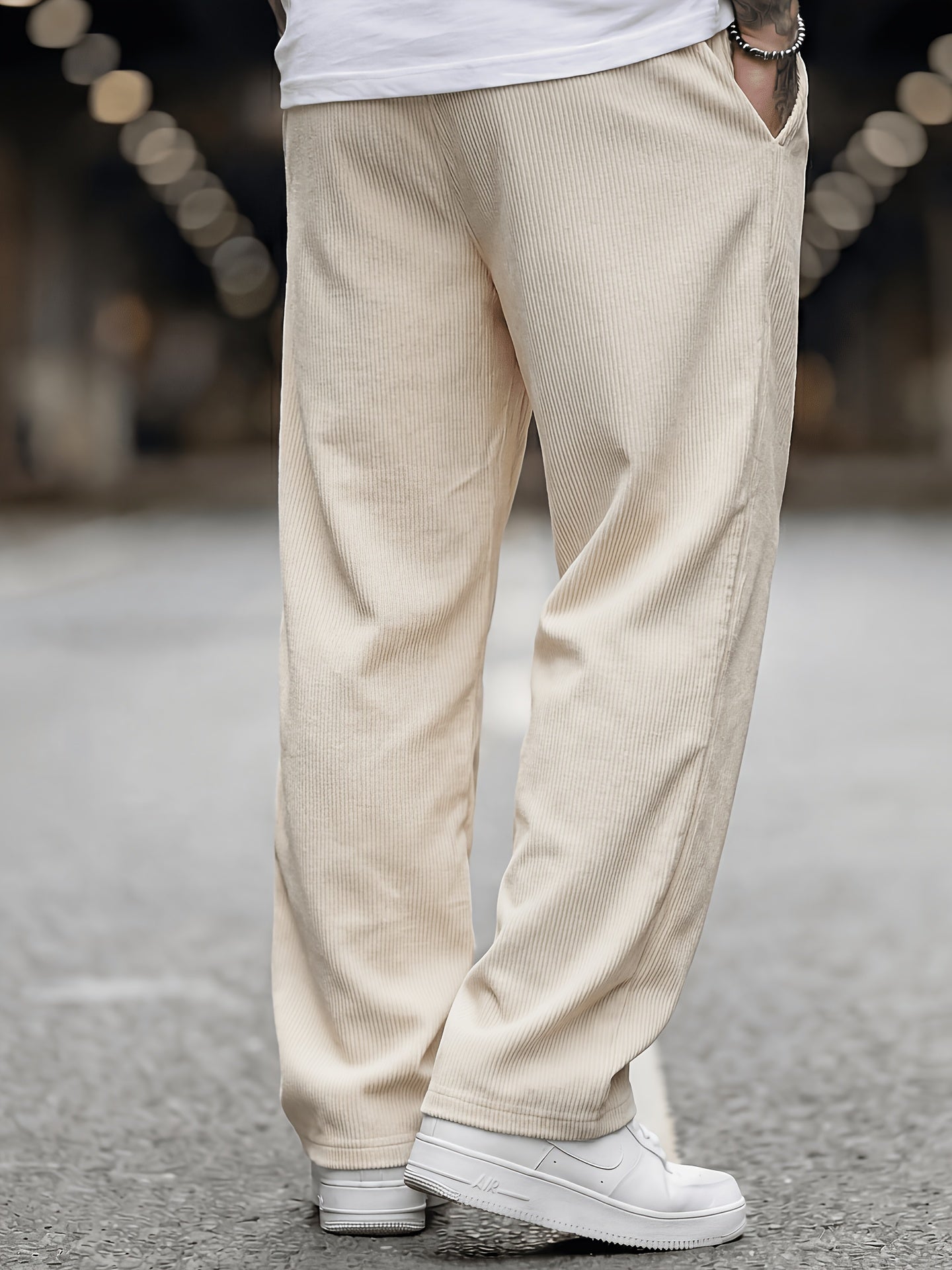 Men's Loose Corduroy Pants with Elastic Waist and Pockets