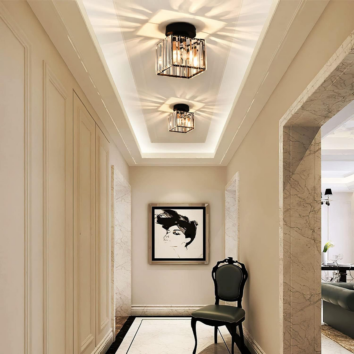 Flush Mount Ceiling Light with Crystal Shade - Black Brass Finish