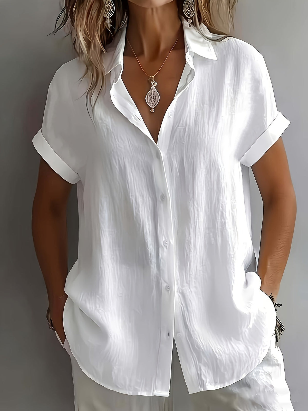 Women's Linen Shirt Short Sleeve Button-Up Collared Top