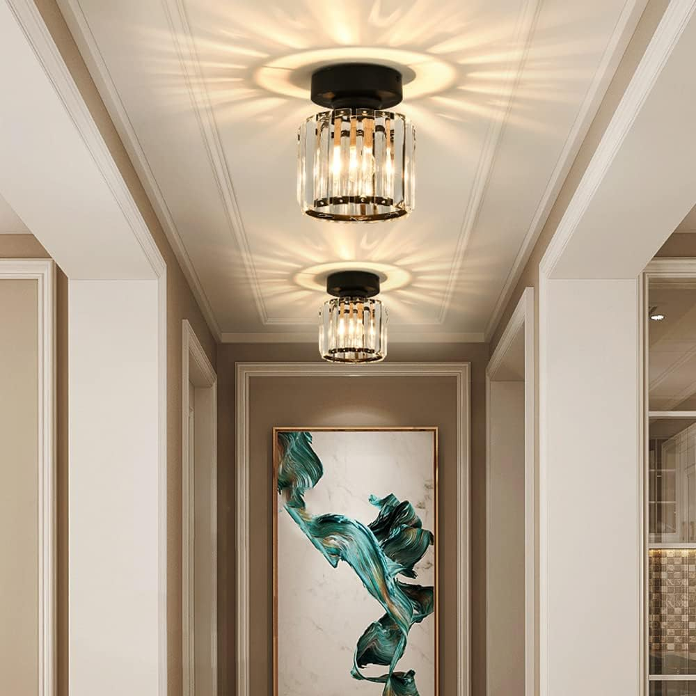 Flush Mount Ceiling Light with Crystal Shade - Black Brass Finish
