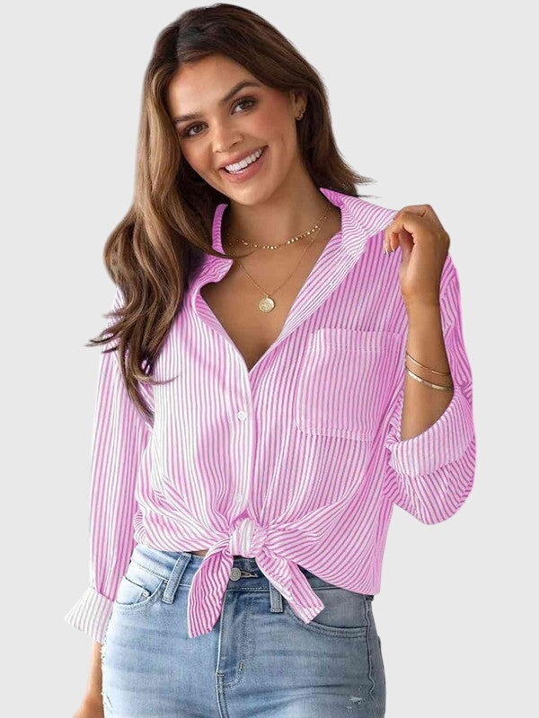 Women's Striped Tie Front Collared Shirt