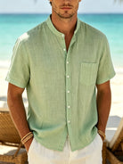 Men's Linen Shirt with Stand Collar and Short Sleeves