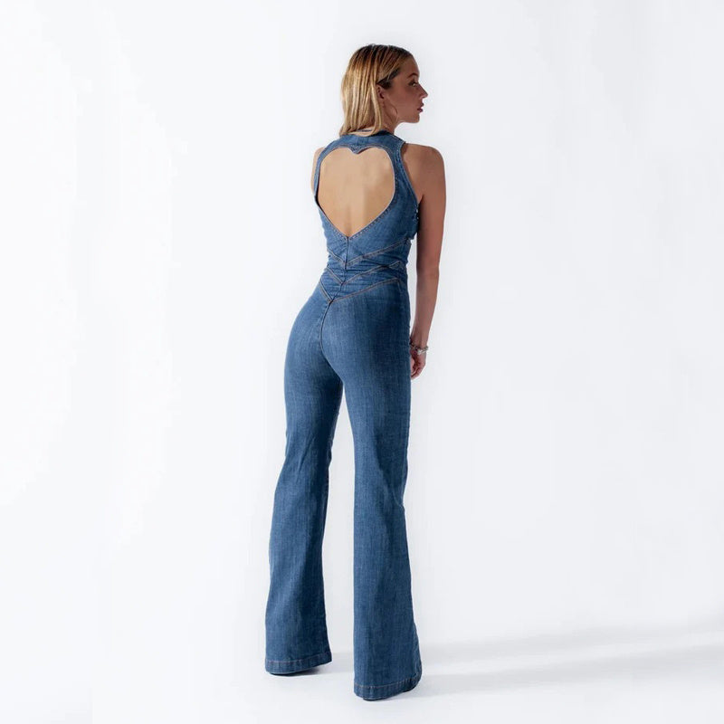 Lieke Denim Jumpsuit | Dames Jumpsuit met Hartvormige Ruguitsnede en Flatterende Pasvorm
