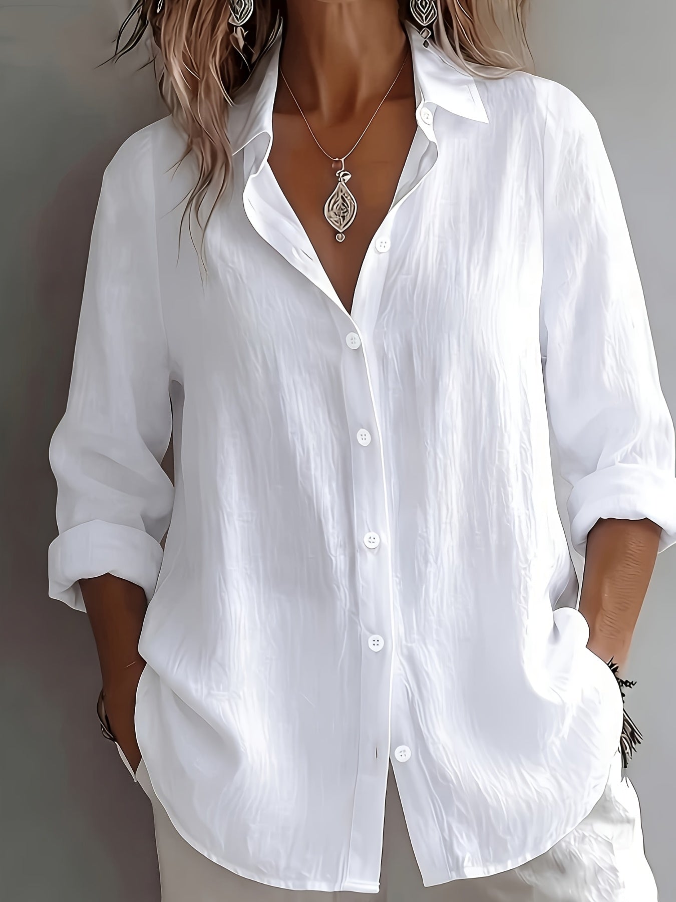 Women's Linen Shirt with Collar and Long Sleeves