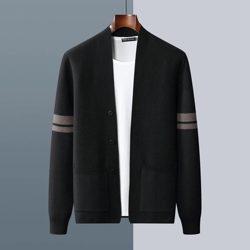 Women's Merino Wool Cardigan with Sleeve Stripes