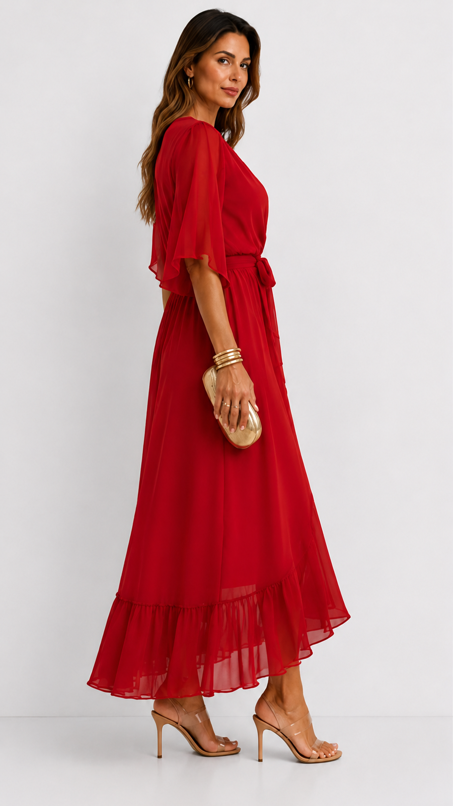 Women's Chiffon Wrap Dress with Flowing Sleeves