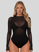 Women's Mesh Bodysuit Long Sleeve High Neck Sheer Top