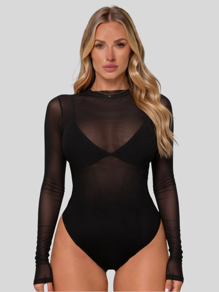 Women's Mesh Bodysuit Long Sleeve High Neck Sheer Top