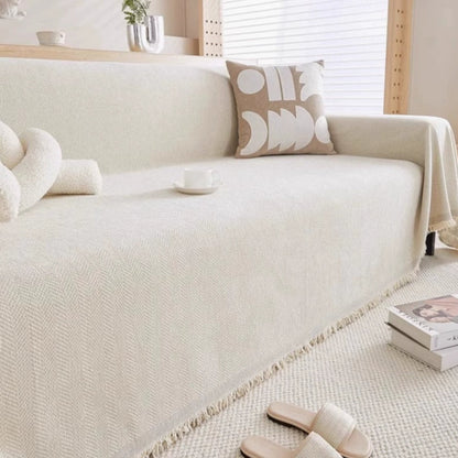 Minimalistische Bankhoes – Grijze Chenille met Kwastjes voor Woonkamer of Zitkamer Decoratie