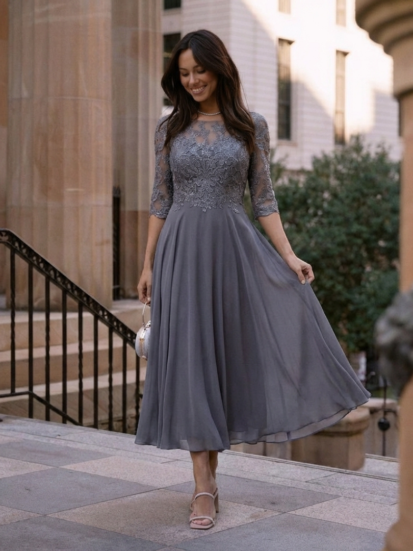 Women's Lace Bodice Midi Dress with Sheer Sleeves