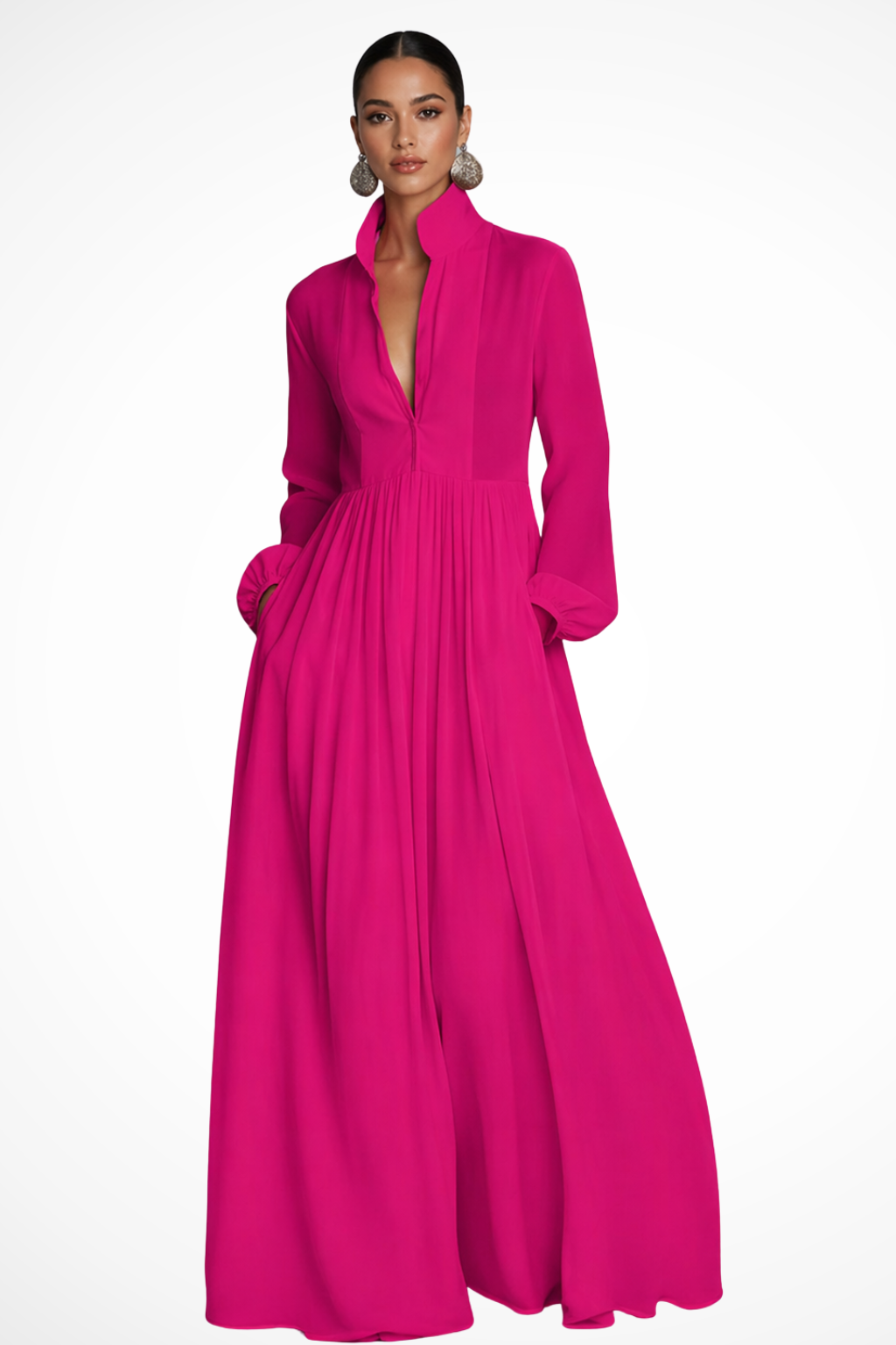 Women's Long Sleeve Button-Front Maxi Dress with Pockets