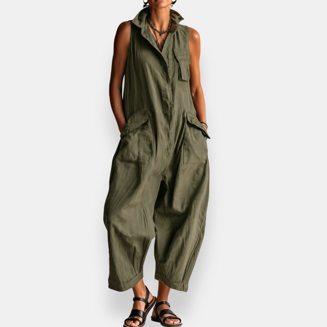 Women's Sleeveless Cargo Jumpsuit with Structured Collar