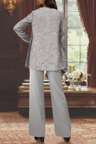 Women's Sequin Lace Three Piece Trouser Suit - Wide Leg Wedding Guest Outfit
