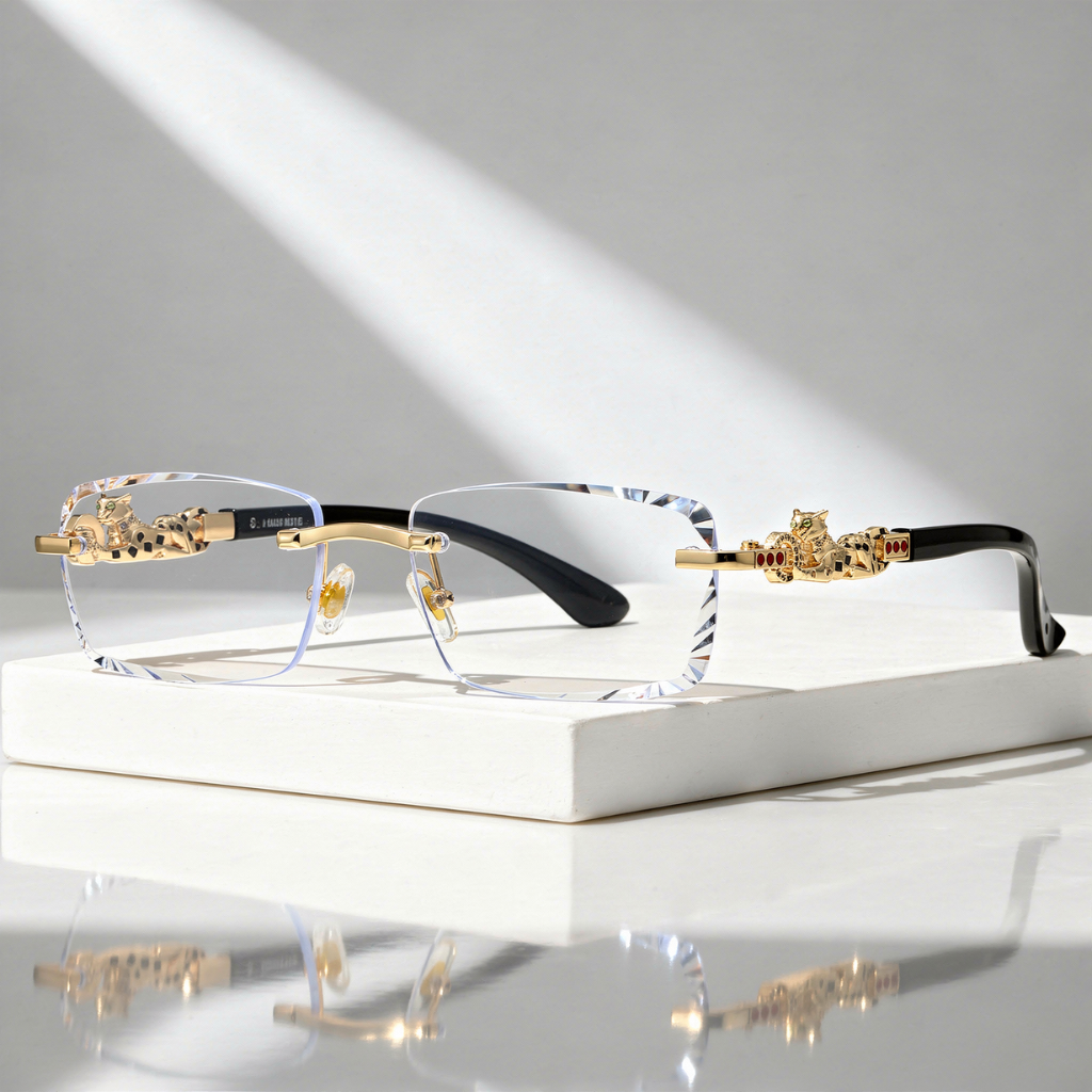Women's Sunglasses with Rimless Diamond-Cut Lenses and Panther Temple Detail