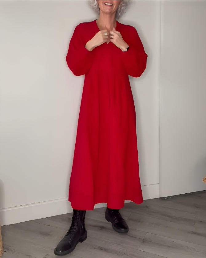 Women's Long V-Neck Maxi Dress with Long Sleeves