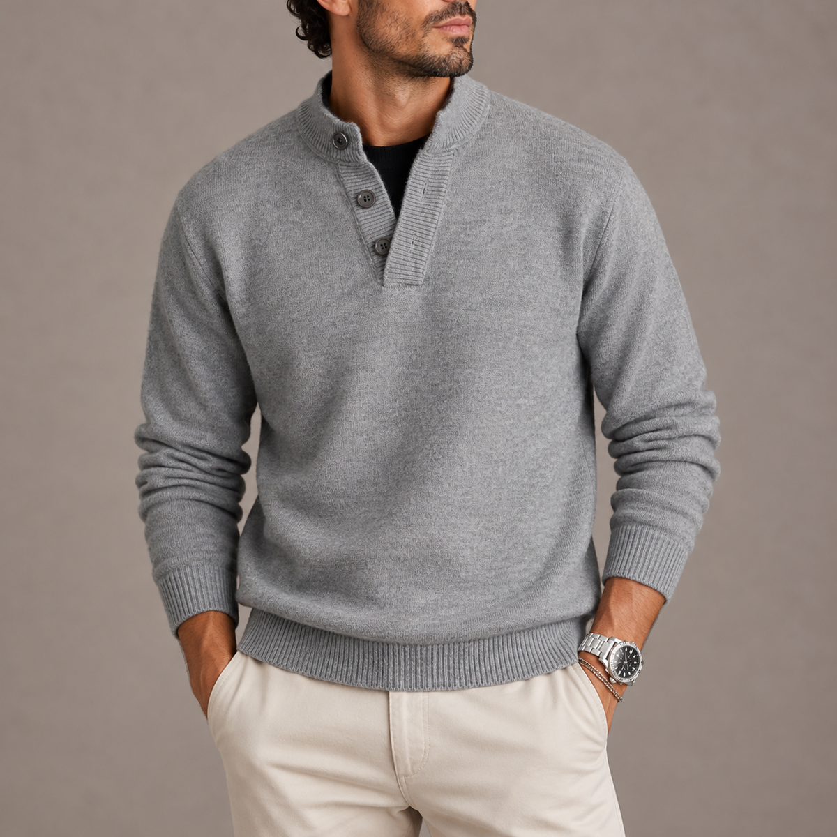 Men's Long Sleeve Knit Polo Sweater - Buttoned Collar