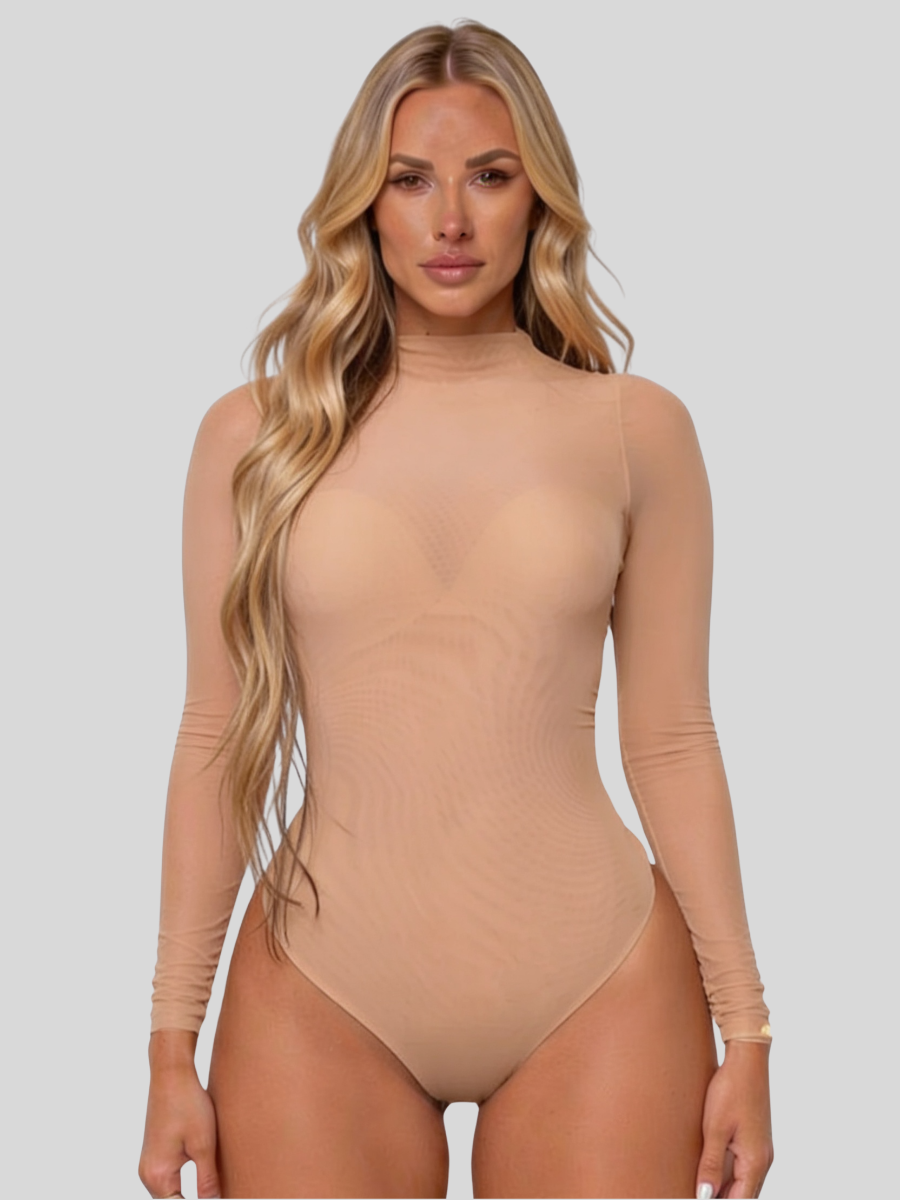 Women's Mesh Bodysuit Long Sleeve High Neck Sheer Top