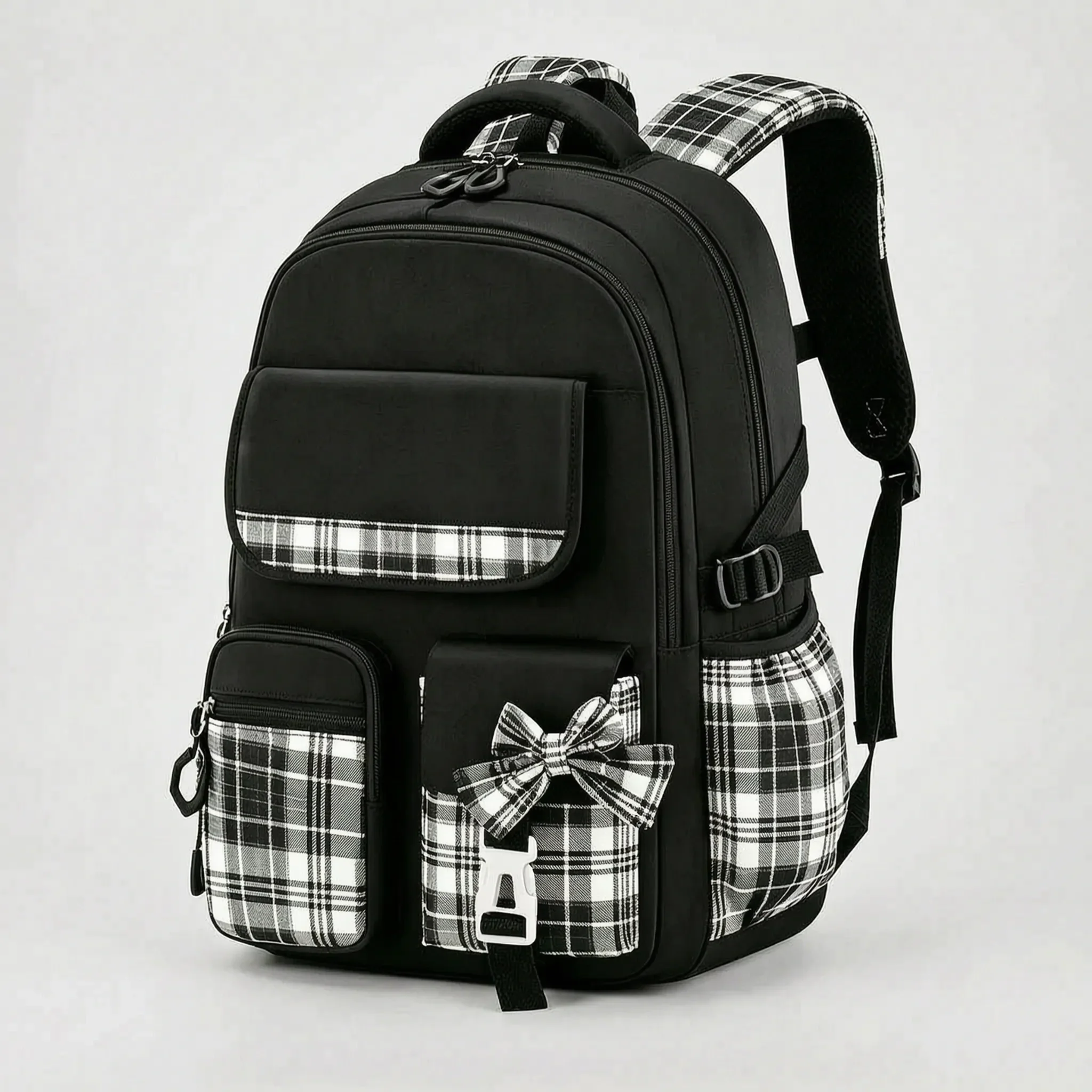 View of a stylish checkered school backpack featuring padded shoulder straps and a spacious compartment