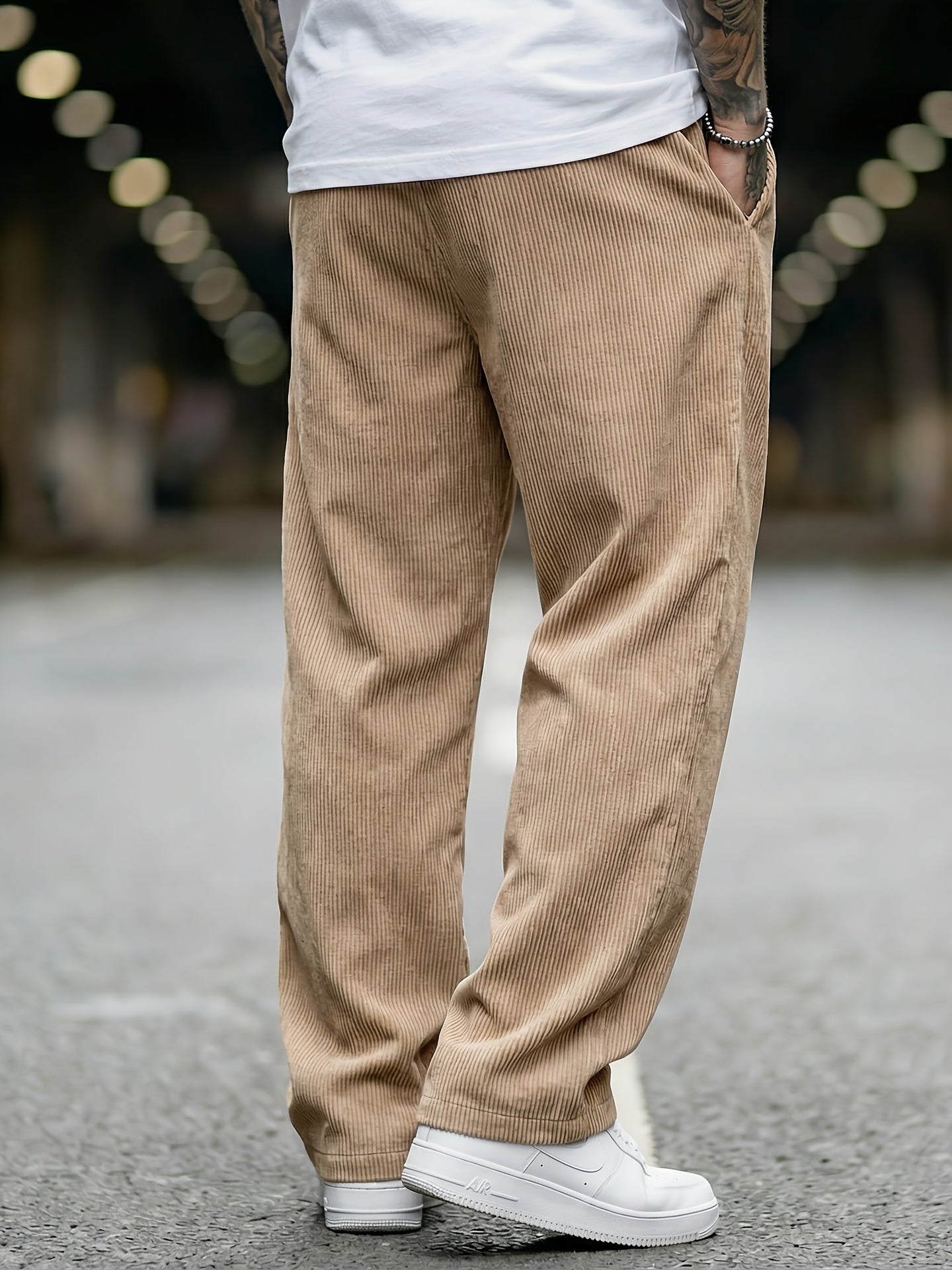 Men's Loose Corduroy Pants with Elastic Waist and Pockets