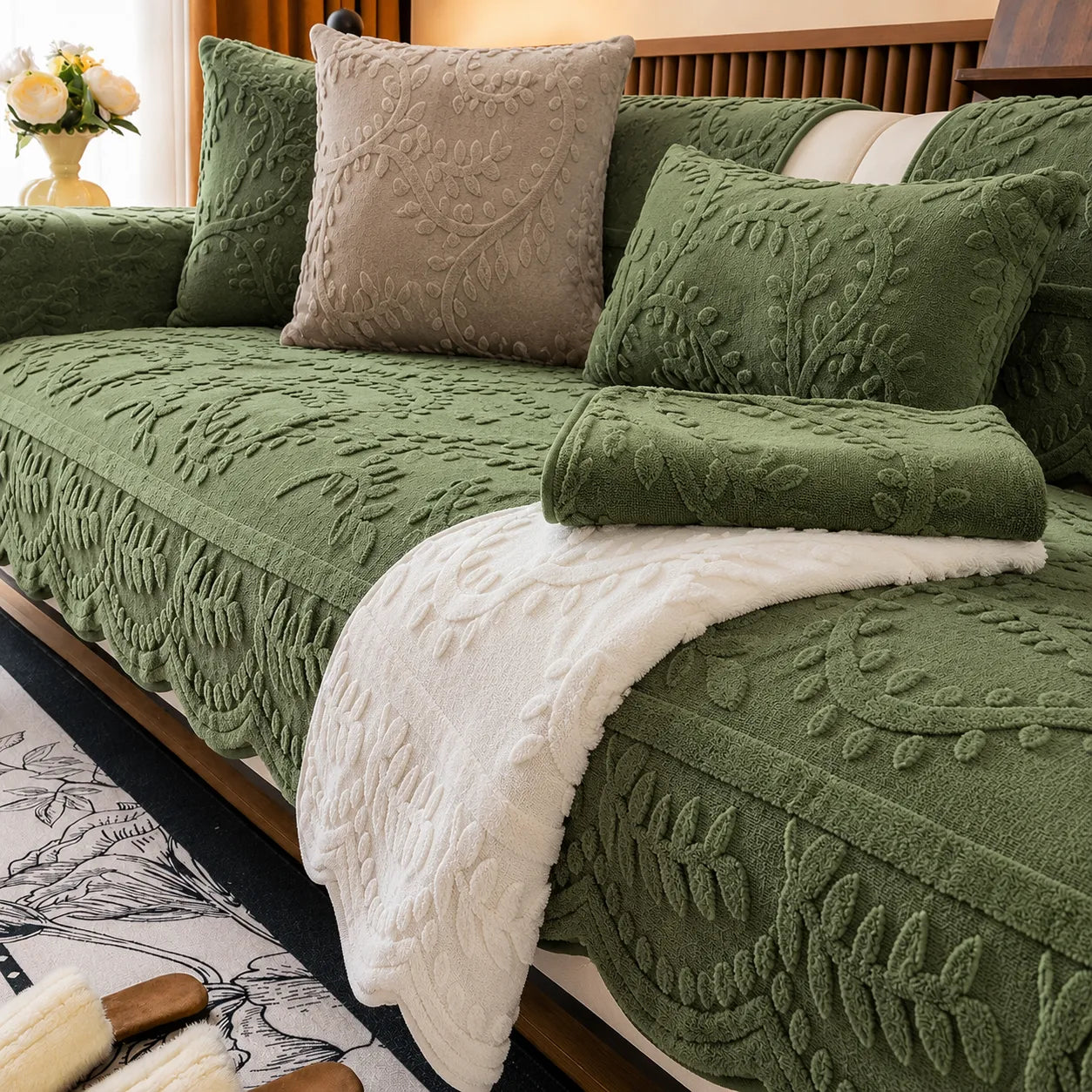 Plush Botanical Texture Couch Cover with Non-Slip Backing