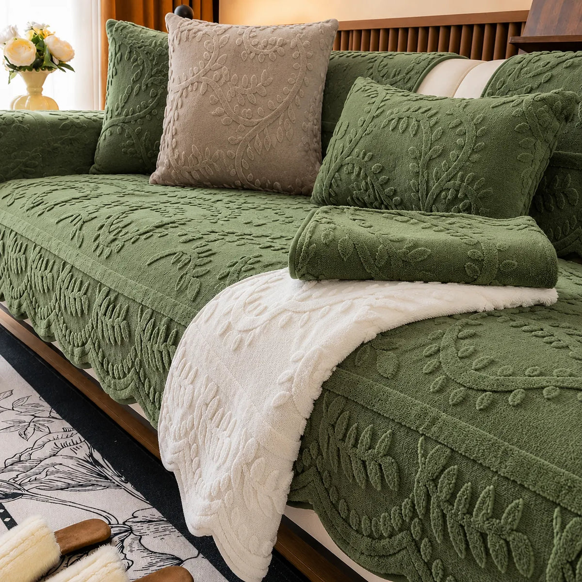 Plush Botanical Texture Couch Cover with Non-Slip Backing