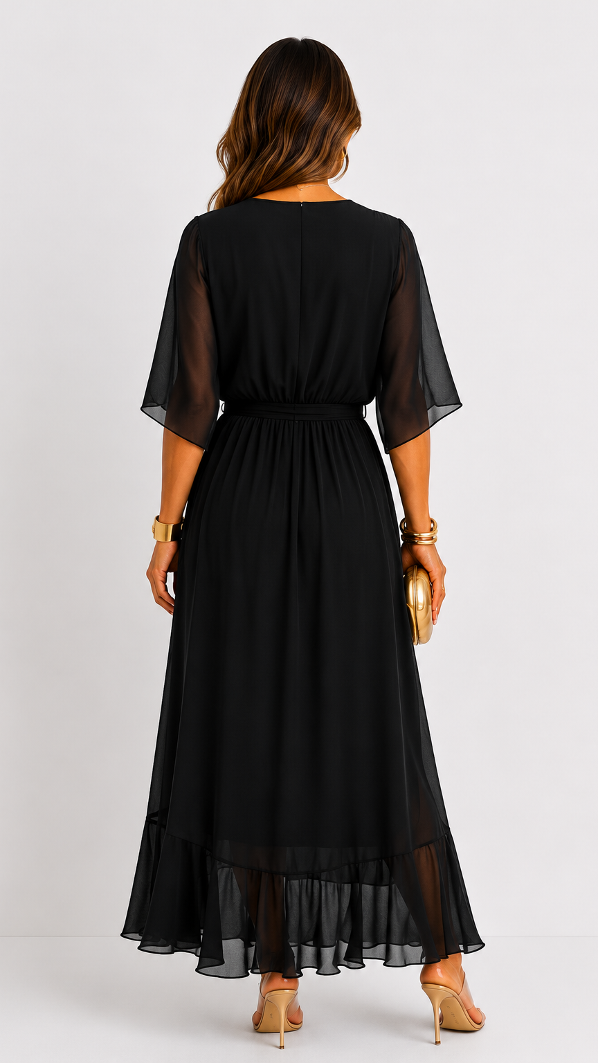 Women's Chiffon Wrap Dress with Flowing Sleeves