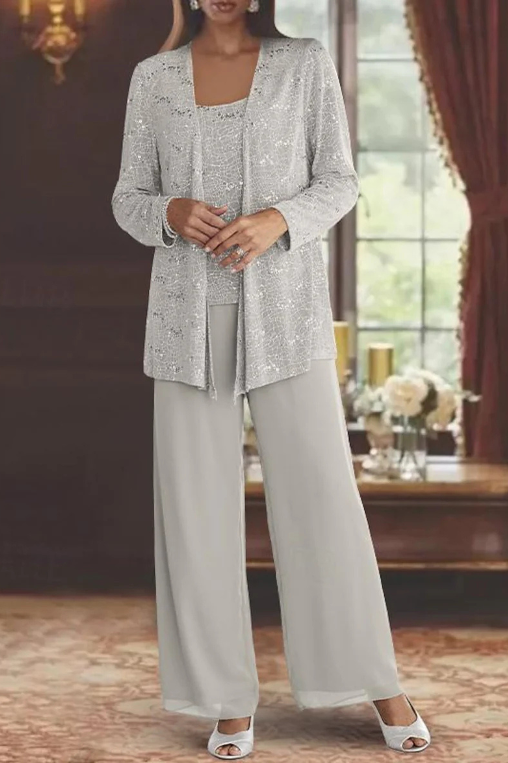 Women's Sequin Lace Three Piece Trouser Suit - Wide Leg Wedding Guest Outfit