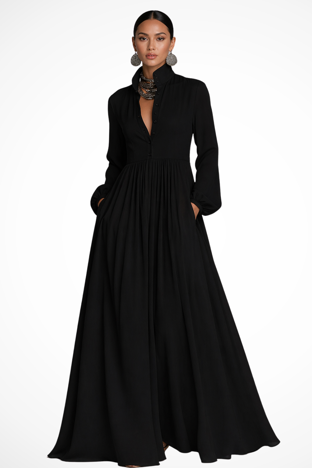 Women's Long Sleeve Button-Front Maxi Dress with Pockets