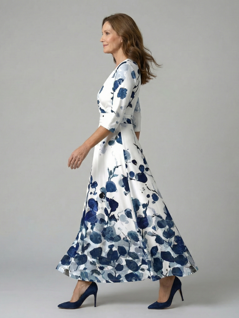 Women's Floral Wrap Midi Dress with Three Quarter Sleeves