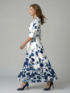 Women's Floral Wrap Midi Dress with Three Quarter Sleeves