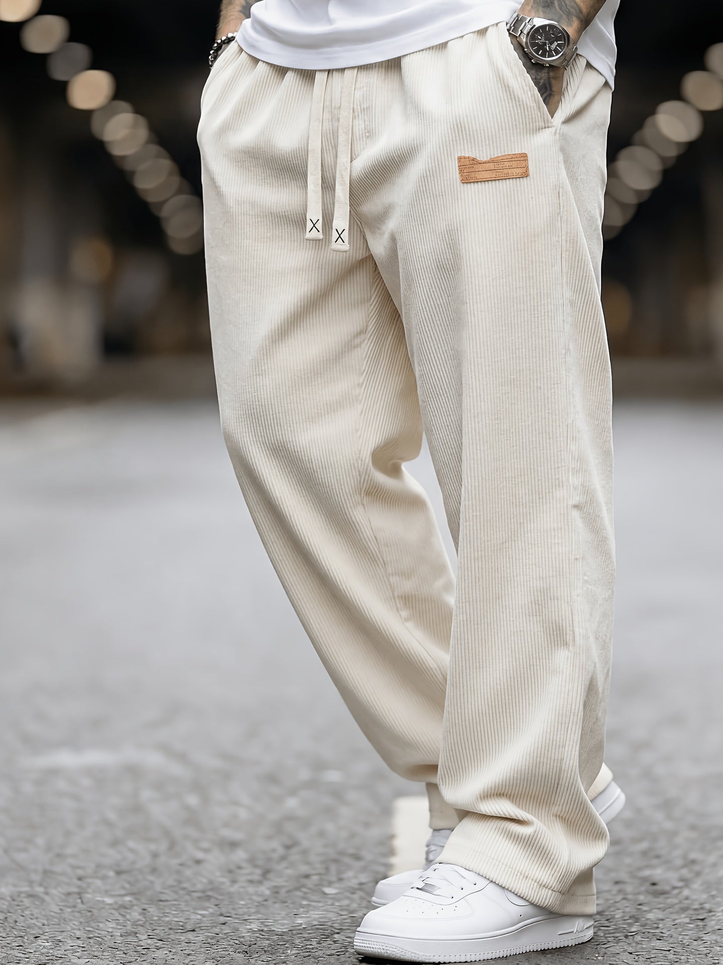 Men's Loose Corduroy Pants with Elastic Waist and Pockets