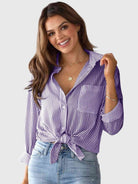 Women's Striped Tie Front Collared Shirt