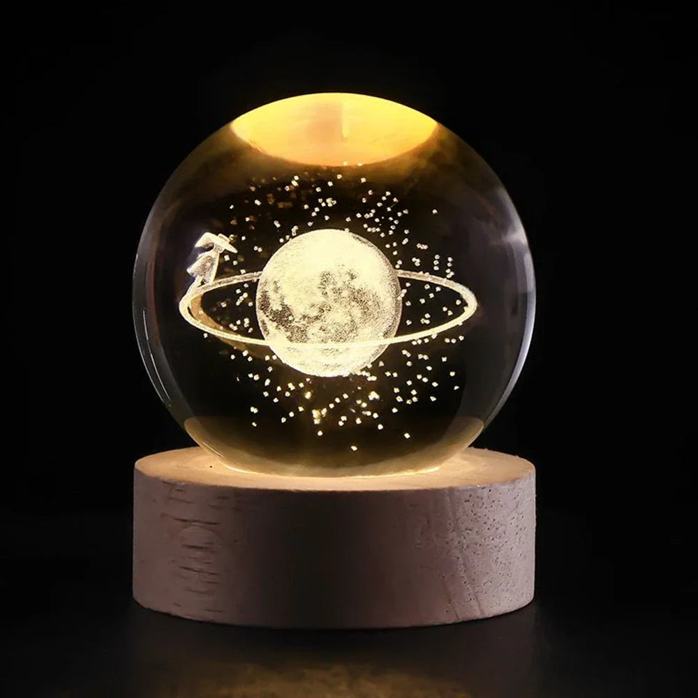 3D Engraved Crystal Ball Night Light - Wooden Base LED Lamp