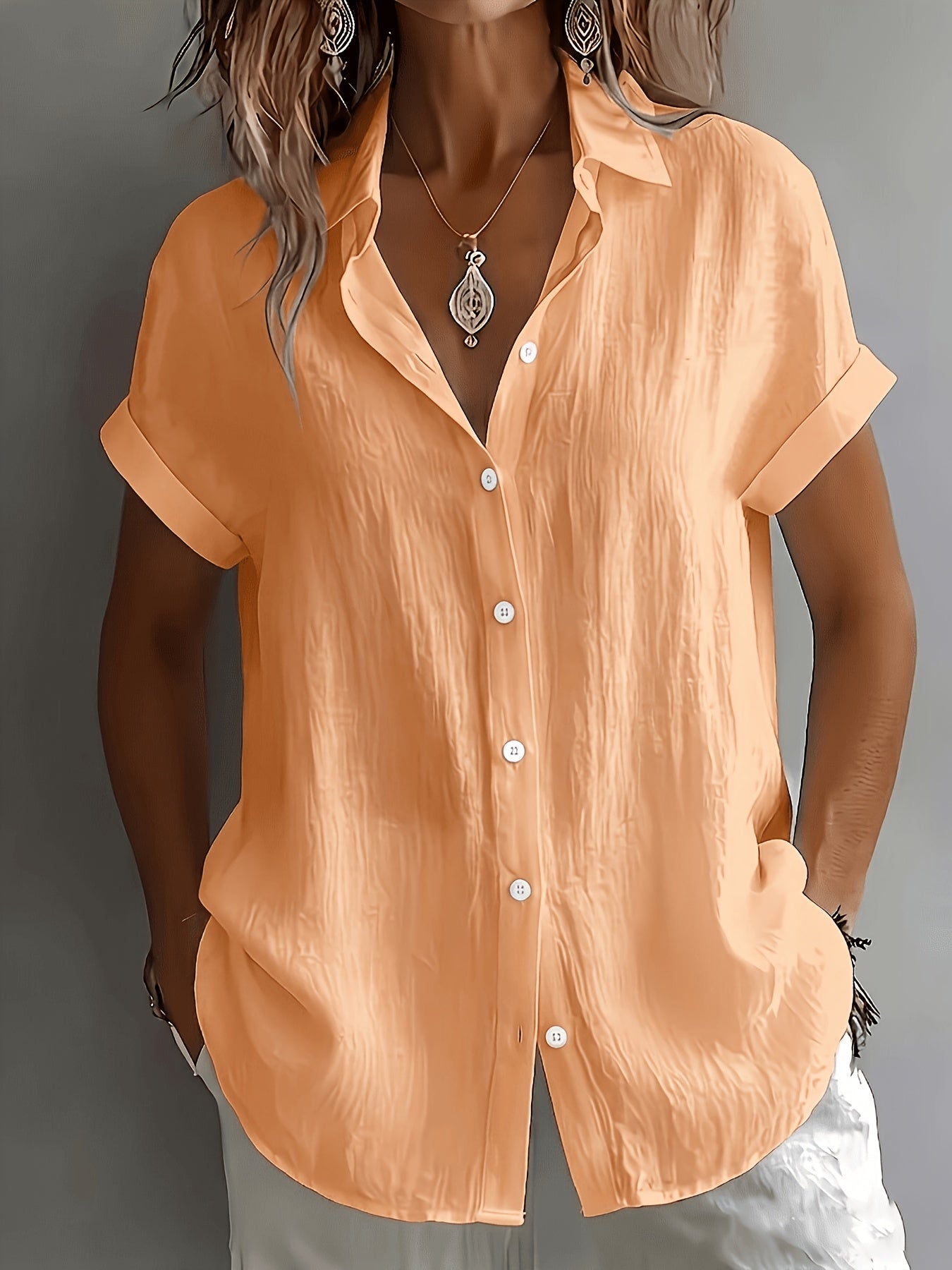 Women's Linen Shirt Short Sleeve Button-Up Collared Top