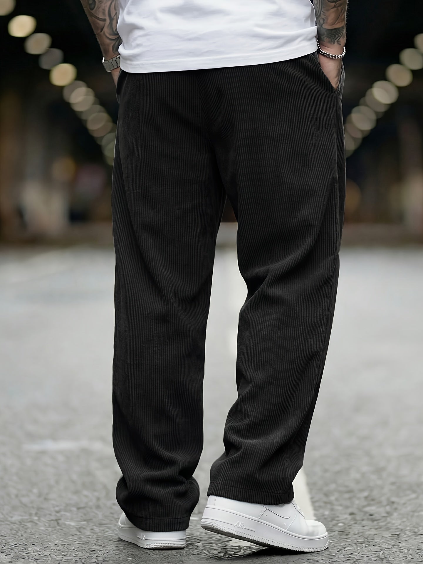 Men's Loose Corduroy Pants with Elastic Waist and Pockets