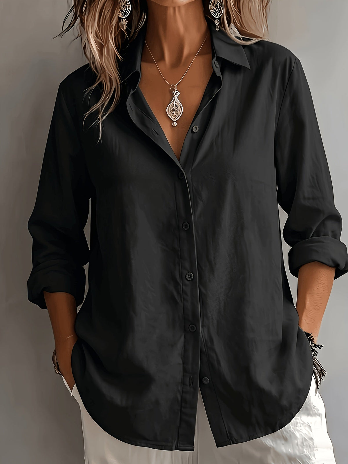 Women's Linen Shirt with Collar and Long Sleeves