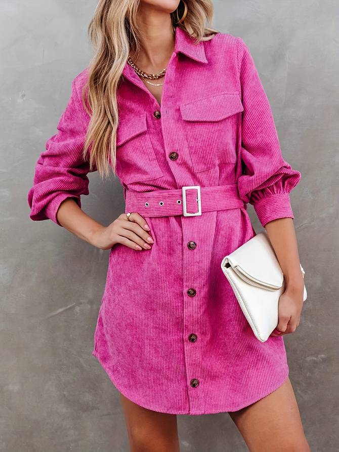 Marleen | Dames Mini-Jurk – Lange Mouwen, Knoopsluiting, Corduroy Stof