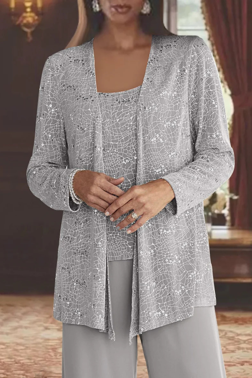 Women's Sequin Lace Three Piece Trouser Suit - Wide Leg Wedding Guest Outfit