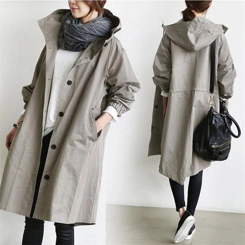 Women's Hooded Rain Trench Coat – Water-Repellent Mid-Season Jacket