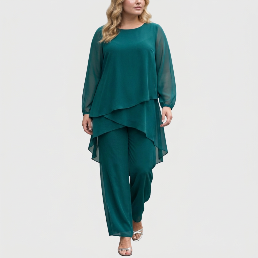 Women's Two-Piece Set with Draped Top and Wide-Leg Palazzo Trousers