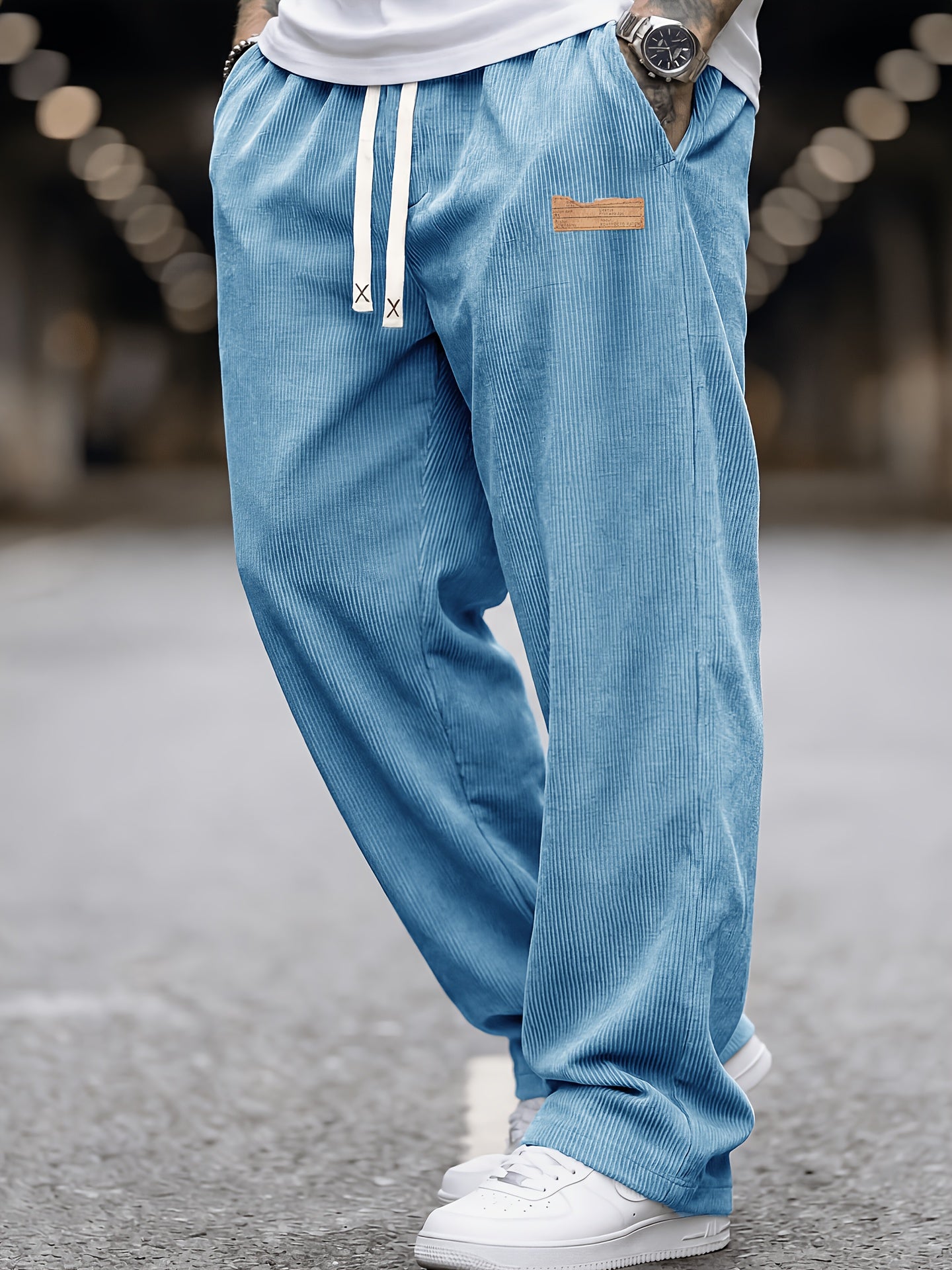 Men's Loose Corduroy Pants with Elastic Waist and Pockets