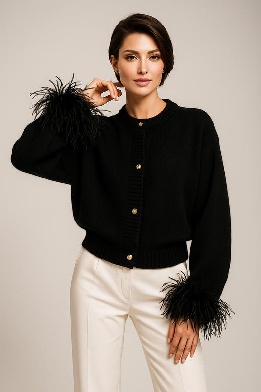 Dames Gebreide Cardigan met Pluimen – Effen, Casual Cardigan
