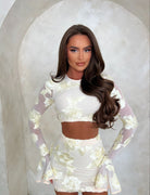 Women's Crop Top & Mini Skirt Set with Long Sleeves and Floral Detail